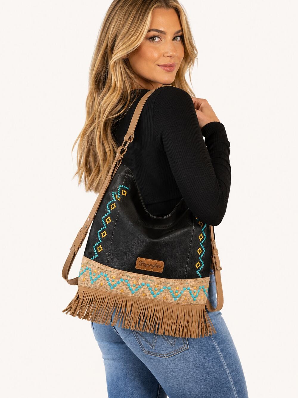 Wrangler Western Fringe Hobo Bag Black Tan Aztec Crossbody NWT Boho Cowgirl